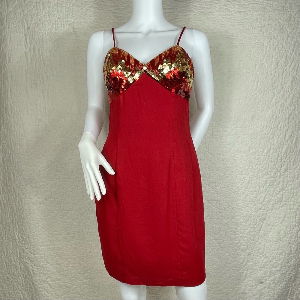 🔥VTG Y2K ILGWU Zum Zum Bustier Red Bodycon Dress Sequins Glam Jessica Rabbit